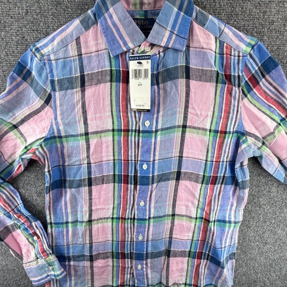 NWT Polo Ralph Lauren Linen Plaid Pink Blue Button Up Shirt Small Classic Fit - Picture 1 of 16